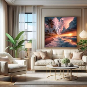 4-078 | Tropical Beach Storm Art Print | Lightning Sunset Ocean Wall Decor | Dramatic Seascape Photography.

Capture the raw beauty of nature with this stunning art print of a tropical beach storm. Vivid lightning bolts slash through towering storm clouds, illuminated by the warm glow of a golden sunset. Gentle waves crash against the shore as palm trees sway along the coast, adding serenity to the drama.