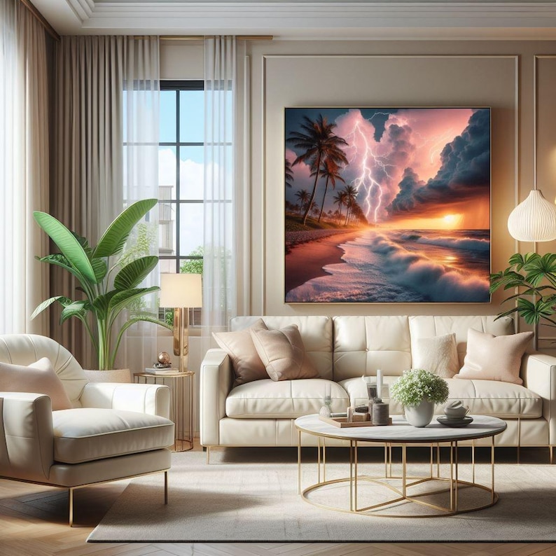 4-078 | Tropical Beach Storm Art Print | Lightning Sunset Ocean Wall Decor | Dramatic Seascape Photography.

Capture the raw beauty of nature with this stunning art print of a tropical beach storm. Vivid lightning bolts slash through towering storm clouds, illuminated by the warm glow of a golden sunset. Gentle waves crash against the shore as palm trees sway along the coast, adding serenity to the drama.