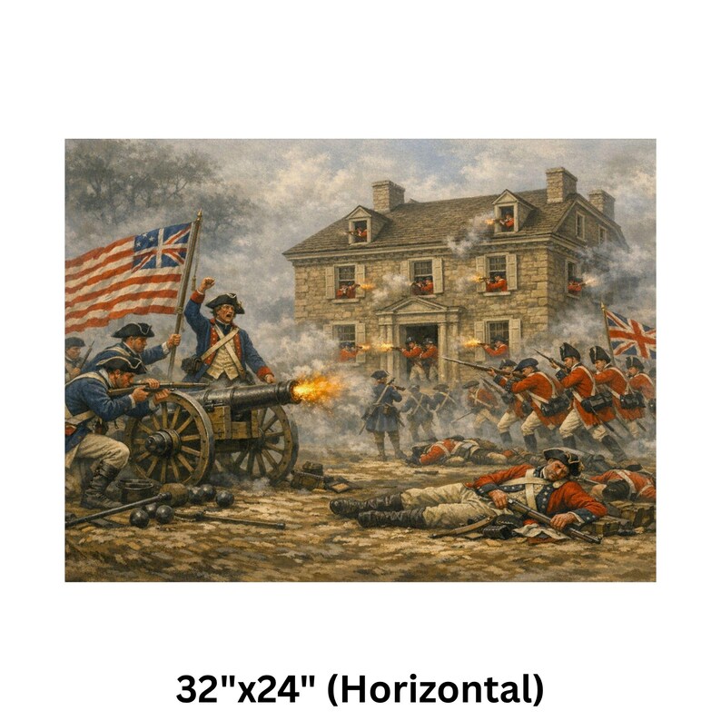 May include: A historical painting showing a battle scene with soldiers in red coats and blue uniforms. A cannon fires, and a flag waves in the background. The artwork is 81cm x 61cm (Horizontal).
