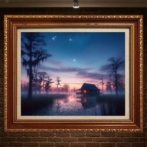 Louisiana Bayou Cabin Art – Mystical Cypress Swamp Twilight Print (Digital Download)
