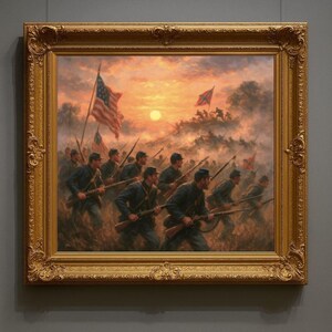 May include: A framed painting depicting a Civil War battle scene. Soldiers in blue uniforms charge forward with rifles, under a sunset sky with American and Confederate flags. The ornate gold frame adds a classic touch.