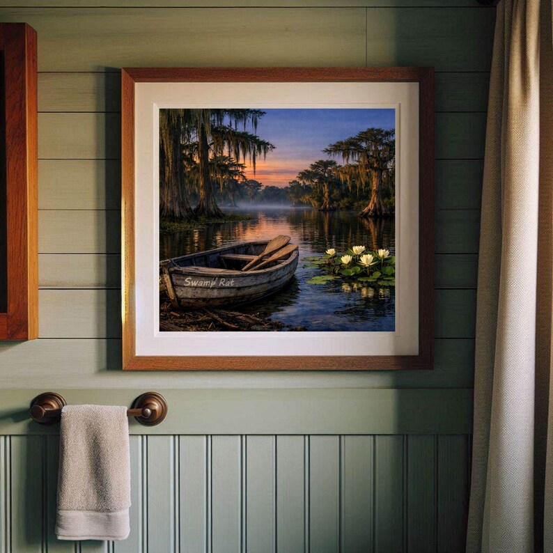 27-036 | Whispers of the Bayou | Louisiana bayou print, Southern Twilight Landscape Art (Digital Download)

A quiet hush settles over the Louisiana bayou as twilight drifts across still water. Mist rises between ancient cypress trees draped in long strands of Spanish moss, their reflections stretching across the glassy surface.