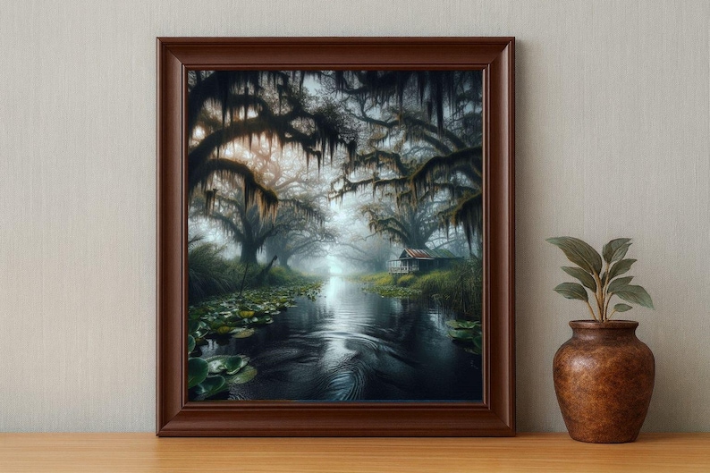 Rustic Bayou Cabin Print – Misty Swamp Wall Art, Cypress Trees, Southern Landscape Decor (Digital Download)