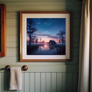 Louisiana Bayou Cabin Art – Mystical Cypress Swamp Twilight Print (Digital Download)