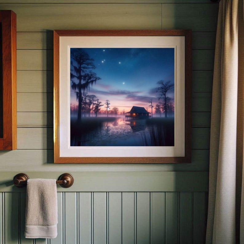 Louisiana Bayou Cabin Art – Mystical Cypress Swamp Twilight Print (Digital Download)