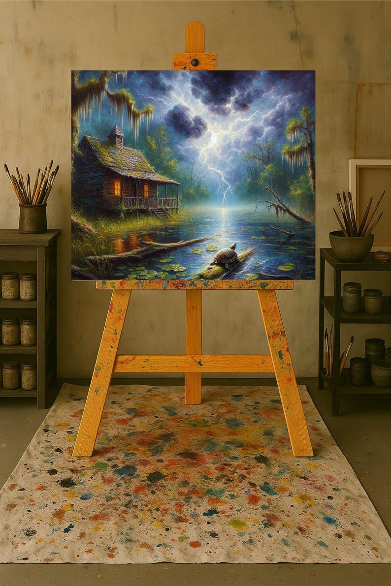 27-007 | Stormy Swamp Print: Turtle in the Storm – Louisiana Bayou Thunderstorms oil painting print (Digital Download)

Capture the haunting beauty of a Louisiana swamp in this high-resolution digital print, “Turtle in the Storm.” A rustic cabin glows warmly against a backdrop of lightning-split skies, moss-draped trees, and tranquil waters. In the foreground, a turtle rests on a mossy log surrounded by lily pads, embodying resilience and calm amid nature’s fury.