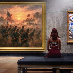 May include: A person sits on a black bench in front of two framed artworks. The artwork on the left depicts soldiers in a battle scene with an American flag. The artwork on the right is a patriotic poster with the text "250 Years of Freedom 1776-2026".