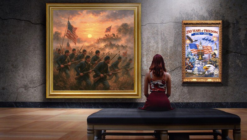 May include: A person sits on a black bench in front of two framed artworks. The artwork on the left depicts soldiers in a battle scene with an American flag. The artwork on the right is a patriotic poster with the text "250 Years of Freedom 1776-2026".