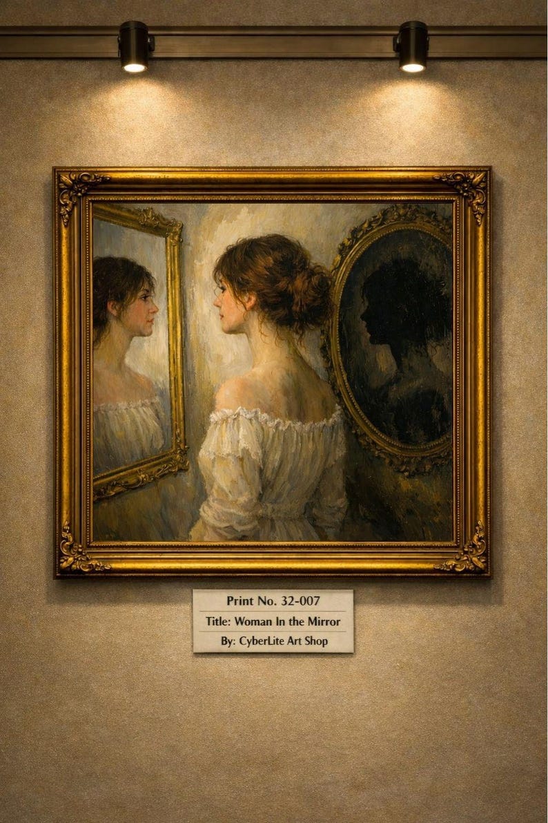 32-007 | Romantic Realism Wall Art | Woman in the Mirror – Symbolist Figurative Painting Print (Digital Download)

Step into the quiet beauty of Woman in the Mirror, a fine‑art print that captures the haunting duality of reflection and identity. Painted in a romantic realist style, this artwork portrays a young woman gazing into two mirrors — one bright and one shadowed — symbolizing light and introspection.