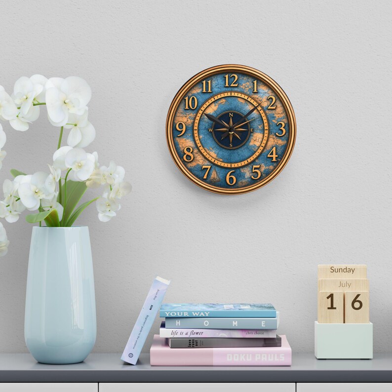 Vintage Nautical Compass Map Acrylic Wall Clock | Ocean Travel Decoration

Bring a touch of old-world navigation into your room with this acrylic wall clock. The rich brass tones and weathered blue map face evoke quiet afternoons studying charts and tracing routes across the sea. Lightweight but durable, the clock’s glossy acrylic surface keeps colors vivid while the built-in hanging slot makes mounting effortless.