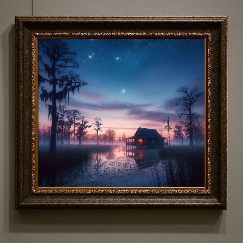 Louisiana Bayou Cabin Art – Mystical Cypress Swamp Twilight Print (Digital Download)