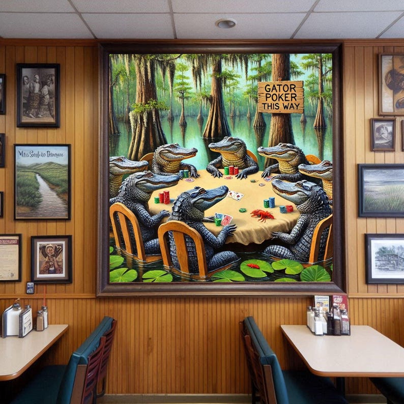 9-0178 | Printable Louisiana Art | Louisiana Swamp Art | Original Art Print | Gator Poker - Louisiana Alligators playing poker in a swamp.

The image depicts a whimsical scene of seven alligators gathered around a poker table in the middle of a swamp. The alligators are anthropomorphized, sitting on wooden chairs with their front legs resting on the table, holding poker chips and cards.