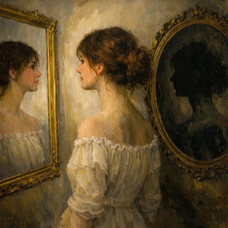 32-007 | Romantic Realism Wall Art | Woman in the Mirror – Symbolist Figurative Painting Print (Digital Download)

Step into the quiet beauty of Woman in the Mirror, a fine‑art print that captures the haunting duality of reflection and identity. Painted in a romantic realist style, this artwork portrays a young woman gazing into two mirrors — one bright and one shadowed — symbolizing light and introspection.