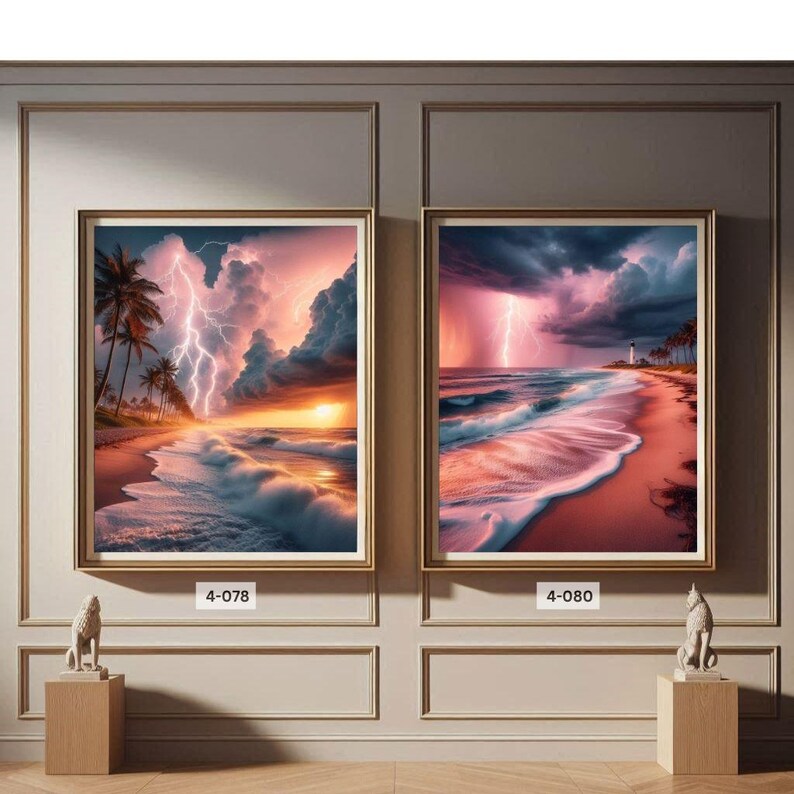 4-078 | Tropical Beach Storm Art Print | Lightning Sunset Ocean Wall Decor | Dramatic Seascape Photography.

Capture the raw beauty of nature with this stunning art print of a tropical beach storm. Vivid lightning bolts slash through towering storm clouds, illuminated by the warm glow of a golden sunset. Gentle waves crash against the shore as palm trees sway along the coast, adding serenity to the drama.