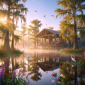 May include: A serene landscape featuring a wooden cabin on stilts, surrounded by a misty lake and tall trees with Spanish moss. White birds fly overhead, and colorful flowers bloom along the water's edge. The sun shines through the trees.