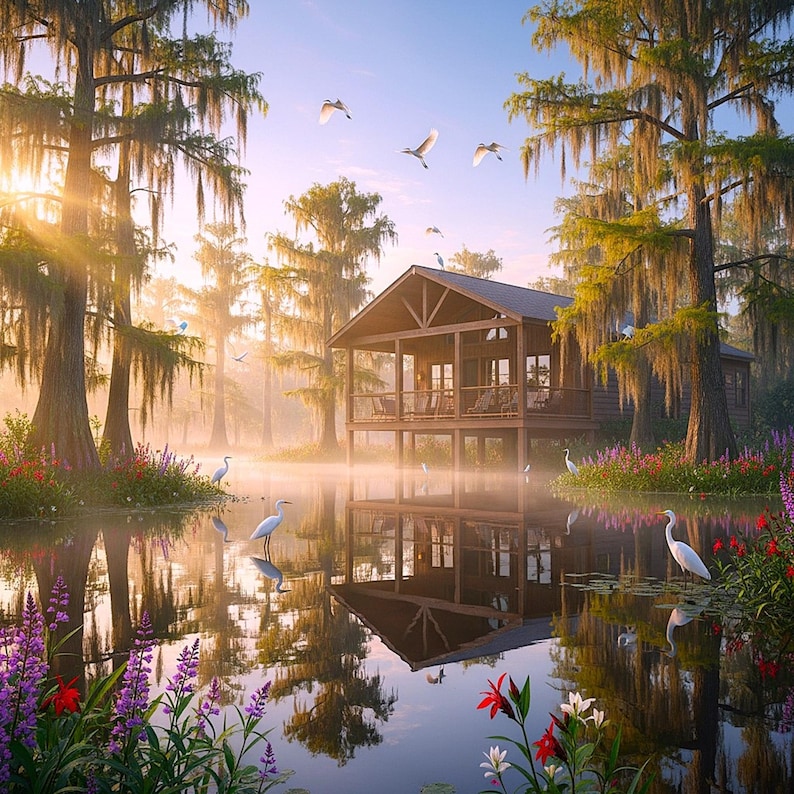 May include: A serene landscape featuring a wooden cabin on stilts, surrounded by a misty lake and tall trees with Spanish moss. White birds fly overhead, and colorful flowers bloom along the water's edge. The sun shines through the trees.