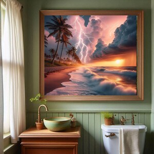 4-078 | Tropical Beach Storm Art Print | Lightning Sunset Ocean Wall Decor | Dramatic Seascape Photography.

Capture the raw beauty of nature with this stunning art print of a tropical beach storm. Vivid lightning bolts slash through towering storm clouds, illuminated by the warm glow of a golden sunset. Gentle waves crash against the shore as palm trees sway along the coast, adding serenity to the drama.