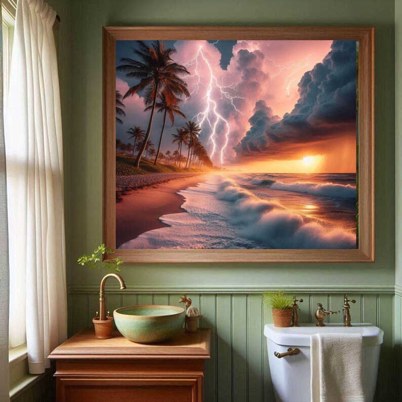 4-078 | Tropical Beach Storm Art Print | Lightning Sunset Ocean Wall Decor | Dramatic Seascape Photography.

Capture the raw beauty of nature with this stunning art print of a tropical beach storm. Vivid lightning bolts slash through towering storm clouds, illuminated by the warm glow of a golden sunset. Gentle waves crash against the shore as palm trees sway along the coast, adding serenity to the drama.