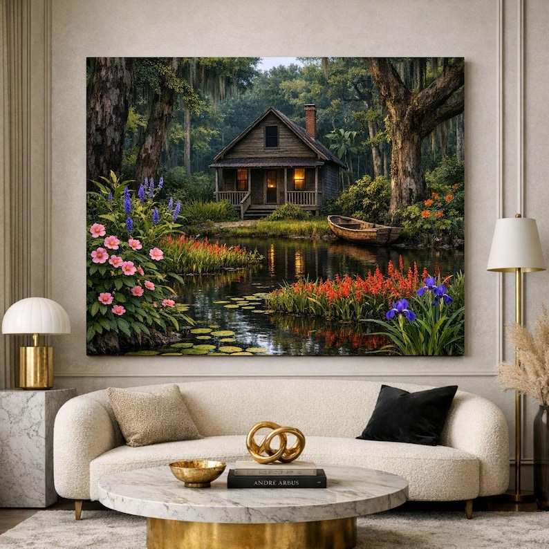 27-030 | Louisiana Bayou Art - Rustic Cabin Wall Print, Springtime on the bayou, (Digital Download). Step into the quiet beauty of a Louisiana spring morning with this richly detailed bayou art print. A rustic wooden cabin rests beside a calm pond surrounded by blooming hibiscus, lily pads, and moss-draped cypress trees.