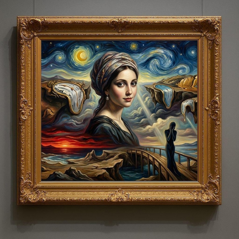 32-006 | Surreal Portrait Wall Art | Dreamlike Landscape with Melting Clocks, Fantasy Ocean Scene, (Digital Download)

Transform your space with this Surreal Wall Art Print, a stunning fusion of Van Gogh’s swirling Starry Night sky, Salvador Dalí’s melting clocks, and the timeless elegance of the Girl with a Pearl Earring.