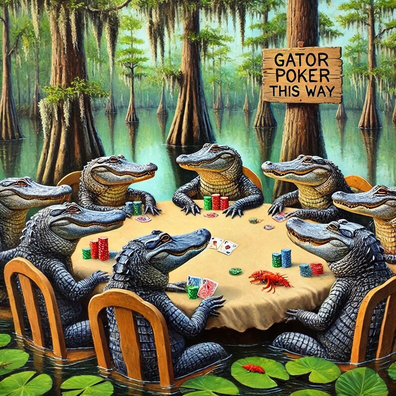9-0178 | Printable Louisiana Art | Louisiana Swamp Art | Original Art Print | Gator Poker - Louisiana Alligators playing poker in a swamp.

The image depicts a whimsical scene of seven alligators gathered around a poker table in the middle of a swamp. The alligators are anthropomorphized, sitting on wooden chairs with their front legs resting on the table, holding poker chips and cards.