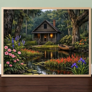 27-030 | Louisiana Bayou Art - Rustic Cabin Wall Print, Springtime on the bayou, (Digital Download). Step into the quiet beauty of a Louisiana spring morning with this richly detailed bayou art print. A rustic wooden cabin rests beside a calm pond surrounded by blooming hibiscus, lily pads, and moss-draped cypress trees.