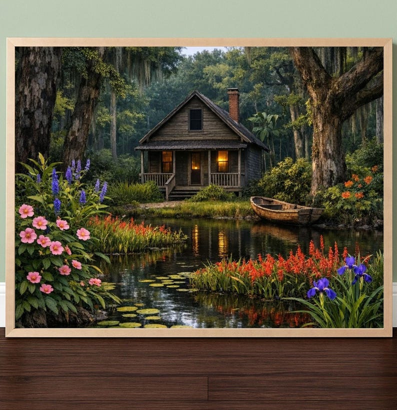 27-030 | Louisiana Bayou Art - Rustic Cabin Wall Print, Springtime on the bayou, (Digital Download). Step into the quiet beauty of a Louisiana spring morning with this richly detailed bayou art print. A rustic wooden cabin rests beside a calm pond surrounded by blooming hibiscus, lily pads, and moss-draped cypress trees.