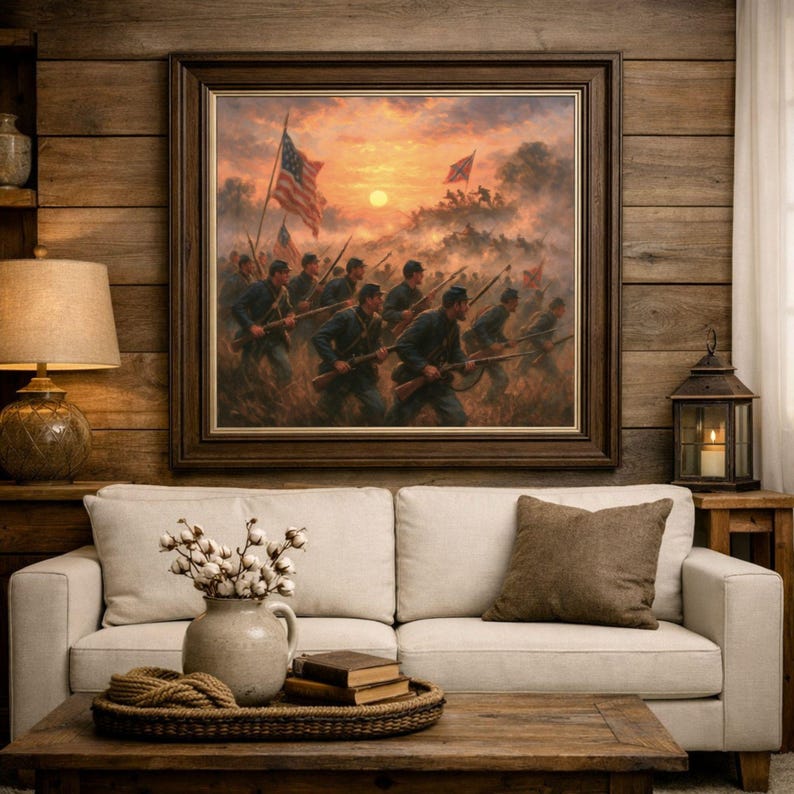 May include: A framed painting depicting a historical battle scene with soldiers and flags under a sunset sky. The artwork is displayed above a white sofa with brown pillows, a wooden coffee table, and a lamp.