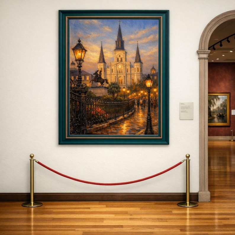 9-0286 | New Orleans Jackson Square Art, St. Louis Cathedral Painting, French Quarter Oil Print, (Digital Download)

Bring the soul of New Orleans into your home with this richly blended oil‑style painting of St. Louis Cathedral at Jackson Square, the most iconic landmark in the French Quarter.