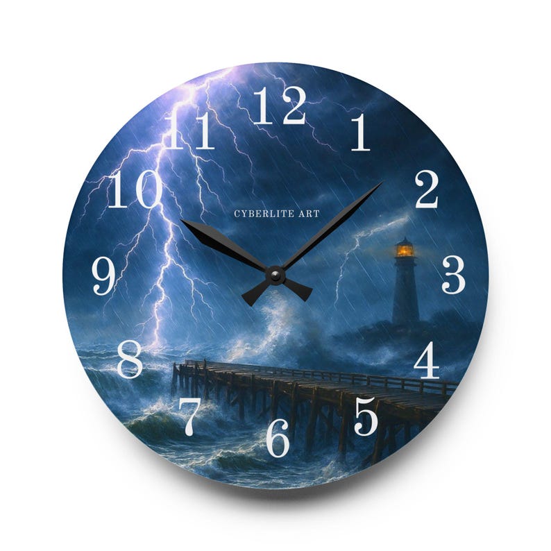 Stormy Carolina Lighthouse Acrylic Wall Clock

Bring the wild coastal sky into your room with this acrylic wall clock featuring the Stormy Carolina Lighthouse. The image captures a dramatic, wind-swept evening where waves press darkly against the rocks and the lighthouse beam slices through low clouds.