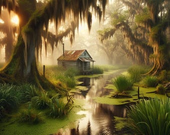 Louisiana Bayou Kunstdruck: Rustikale Blockhütte im nebligen Sumpf