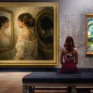 32-007 | Romantic Realism Wall Art | Woman in the Mirror – Symbolist Figurative Painting Print (Digital Download)

Step into the quiet beauty of Woman in the Mirror, a fine‑art print that captures the haunting duality of reflection and identity. Painted in a romantic realist style, this artwork portrays a young woman gazing into two mirrors — one bright and one shadowed — symbolizing light and introspection.