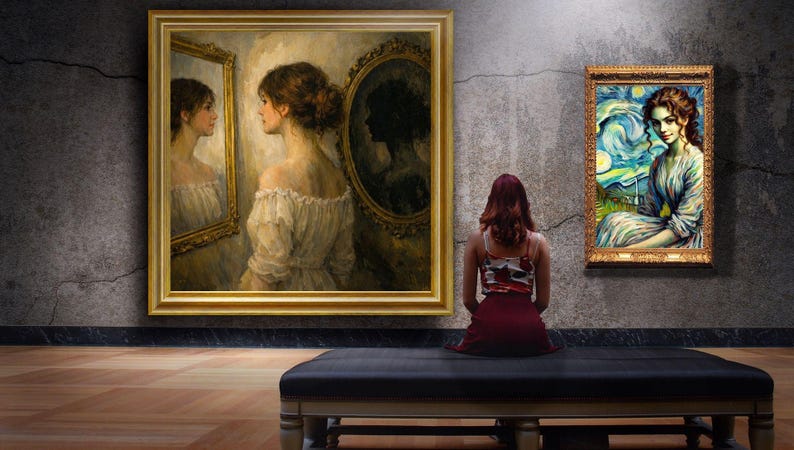 32-007 | Romantic Realism Wall Art | Woman in the Mirror – Symbolist Figurative Painting Print (Digital Download)

Step into the quiet beauty of Woman in the Mirror, a fine‑art print that captures the haunting duality of reflection and identity. Painted in a romantic realist style, this artwork portrays a young woman gazing into two mirrors — one bright and one shadowed — symbolizing light and introspection.