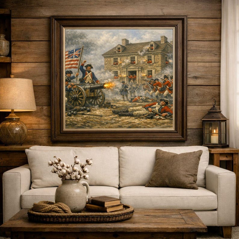 Poster | American Revolutionary Art | Battle of Germantown print.
Step back into the fog-shrouded fields of October 4, 1777, and witness the fierce, frustrating American assault on Cliveden—the Benjamin Chew House—during the pivotal Battle of Germantown in the American Revolutionary War. This museum-quality historical art print captures the dramatic chaos: Continental soldiers in blue coats charging through thick morning mist and gun smoke
