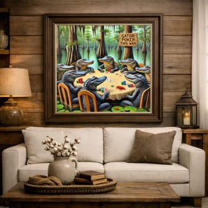 9-0178 | Printable Louisiana Art | Louisiana Swamp Art | Original Art Print | Gator Poker - Louisiana Alligators playing poker in a swamp.

The image depicts a whimsical scene of seven alligators gathered around a poker table in the middle of a swamp. The alligators are anthropomorphized, sitting on wooden chairs with their front legs resting on the table, holding poker chips and cards.