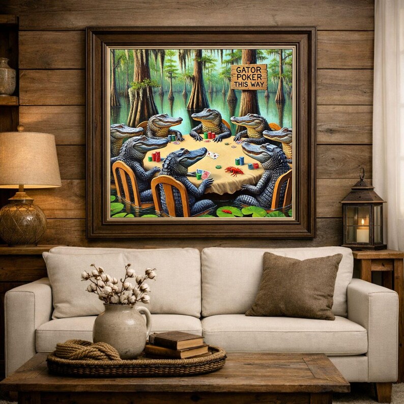 9-0178 | Printable Louisiana Art | Louisiana Swamp Art | Original Art Print | Gator Poker - Louisiana Alligators playing poker in a swamp.

The image depicts a whimsical scene of seven alligators gathered around a poker table in the middle of a swamp. The alligators are anthropomorphized, sitting on wooden chairs with their front legs resting on the table, holding poker chips and cards.