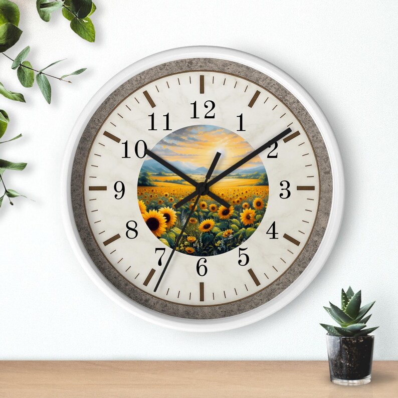 Sunflower Field Wall Clock | Rustic Farmhouse Decor, Silent Movement