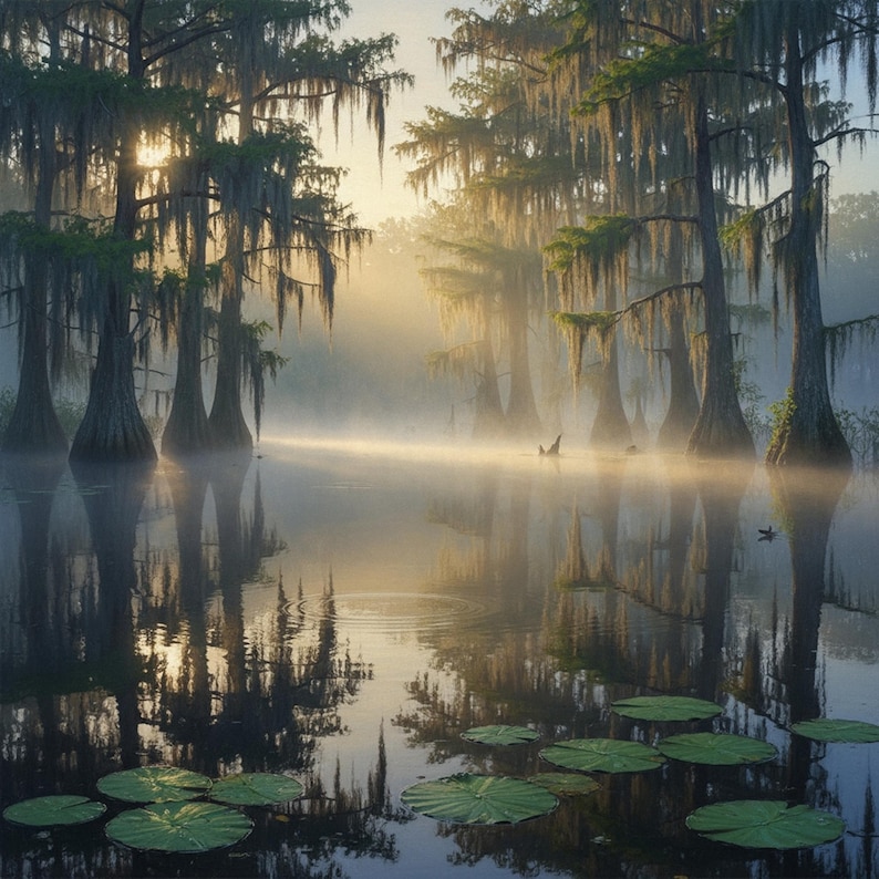 27-006 | Bayou Sunrise Print: Louisiana Bayou Art, Misty Swamp Cypress Trees (Digital Download)

A tranquil Louisiana swamp awakens beneath a golden sunrise, where cypress trees draped in Spanish moss stand like ancient sentinels over still waters. Mist curls gently above the surface, softening reflections and lending a dreamlike hush to the scene.