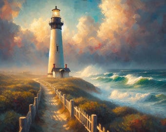 灯台ペンインクサイン入りイラストプリント。様々なサイズ。海景、海