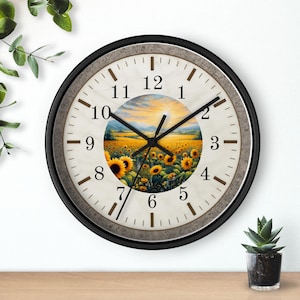 Sunflower Field Wall Clock | Rustic Farmhouse Decor, Silent Movement