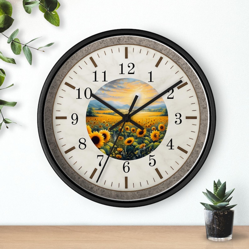 Sunflower Field Wall Clock | Rustic Farmhouse Decor, Silent Movement