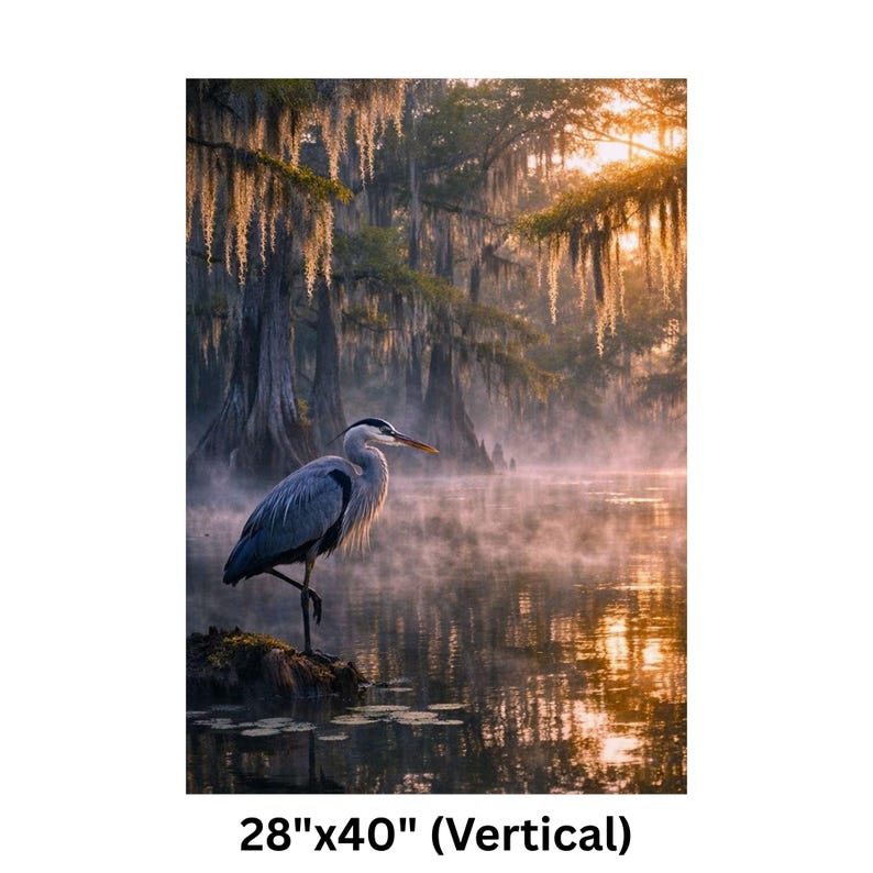 May include: A vertical print of a serene wetland scene featuring a great blue heron standing on one leg. The artwork showcases a misty lake, cypress trees, and Spanish moss. The print measures 28" x 40".