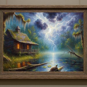 27-007 | Stormy Swamp Print: Turtle in the Storm – Louisiana Bayou Thunderstorms oil painting print (Digital Download)

Capture the haunting beauty of a Louisiana swamp in this high-resolution digital print, “Turtle in the Storm.” A rustic cabin glows warmly against a backdrop of lightning-split skies, moss-draped trees, and tranquil waters. In the foreground, a turtle rests on a mossy log surrounded by lily pads, embodying resilience and calm amid nature’s fury.