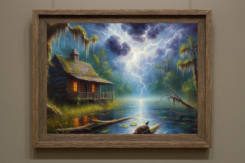 27-007 | Stormy Swamp Print: Turtle in the Storm – Louisiana Bayou Thunderstorms oil painting print (Digital Download)

Capture the haunting beauty of a Louisiana swamp in this high-resolution digital print, “Turtle in the Storm.” A rustic cabin glows warmly against a backdrop of lightning-split skies, moss-draped trees, and tranquil waters. In the foreground, a turtle rests on a mossy log surrounded by lily pads, embodying resilience and calm amid nature’s fury.