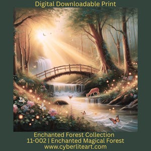 Enchanted Magical Forest Art | Enchanted Forest Painting | Forest Print with Mystical Sunlight, Deer and Stream Artwork | Magical Forest Art