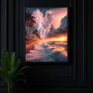 4-078 | Tropical Beach Storm Art Print | Lightning Sunset Ocean Wall Decor | Dramatic Seascape Photography.

Capture the raw beauty of nature with this stunning art print of a tropical beach storm. Vivid lightning bolts slash through towering storm clouds, illuminated by the warm glow of a golden sunset. Gentle waves crash against the shore as palm trees sway along the coast, adding serenity to the drama.