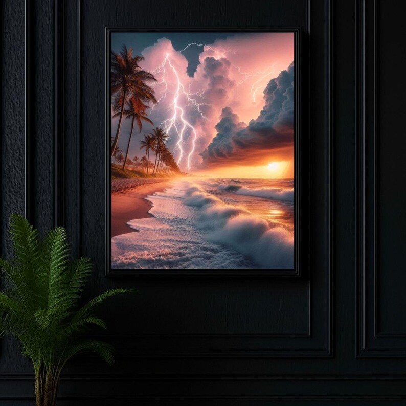 4-078 | Tropical Beach Storm Art Print | Lightning Sunset Ocean Wall Decor | Dramatic Seascape Photography.

Capture the raw beauty of nature with this stunning art print of a tropical beach storm. Vivid lightning bolts slash through towering storm clouds, illuminated by the warm glow of a golden sunset. Gentle waves crash against the shore as palm trees sway along the coast, adding serenity to the drama.