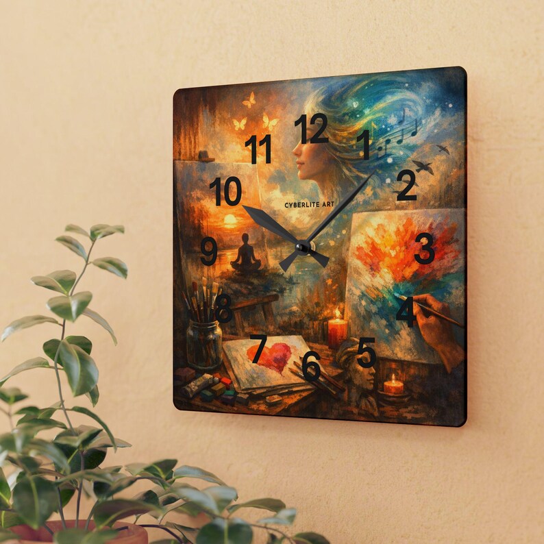 Dreamy Artist Collage Acrylic Wall Clock – Painter’s Studio Decor, Meditation & Music Art Timepiece

Bring creativity and calm into your space with the Dreamy Artist Collage Acrylic Wall Clock, a museum‑quality timepiece blending surreal artistry and functional design. Featuring a vivid collage of a meditating figure, paintbrushes, candles, and swirling color energy, this clock transforms any studio, gallery, or home office into an inspiring sanctuary.