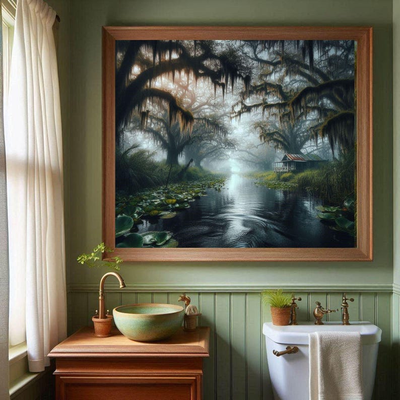Rustic Bayou Cabin Print – Misty Swamp Wall Art, Cypress Trees, Southern Landscape Decor (Digital Download)
