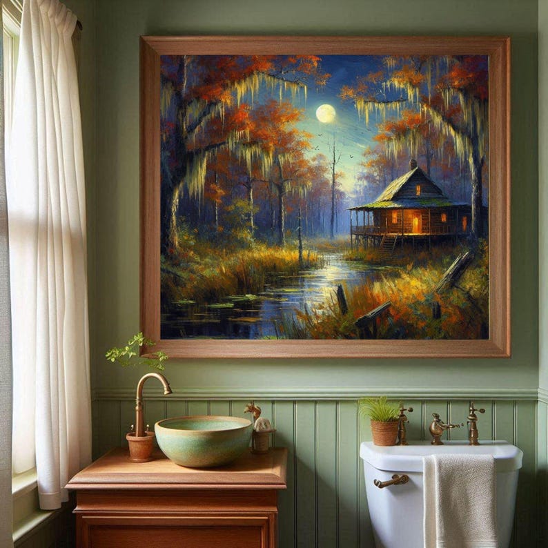 Printable Louisiana art | Bayou art | Fine art print | Moonlit swamp | Swamp Country | Bayou Country | Louisiana Autumn art | Cajun artwork.